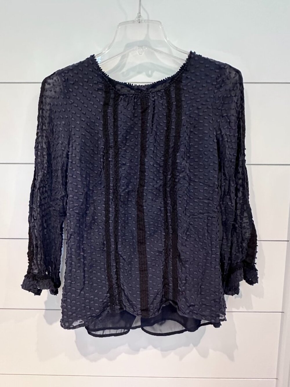 J Crew Career Swiss Dot Lace Trim Blouse - Navy and Black size 00